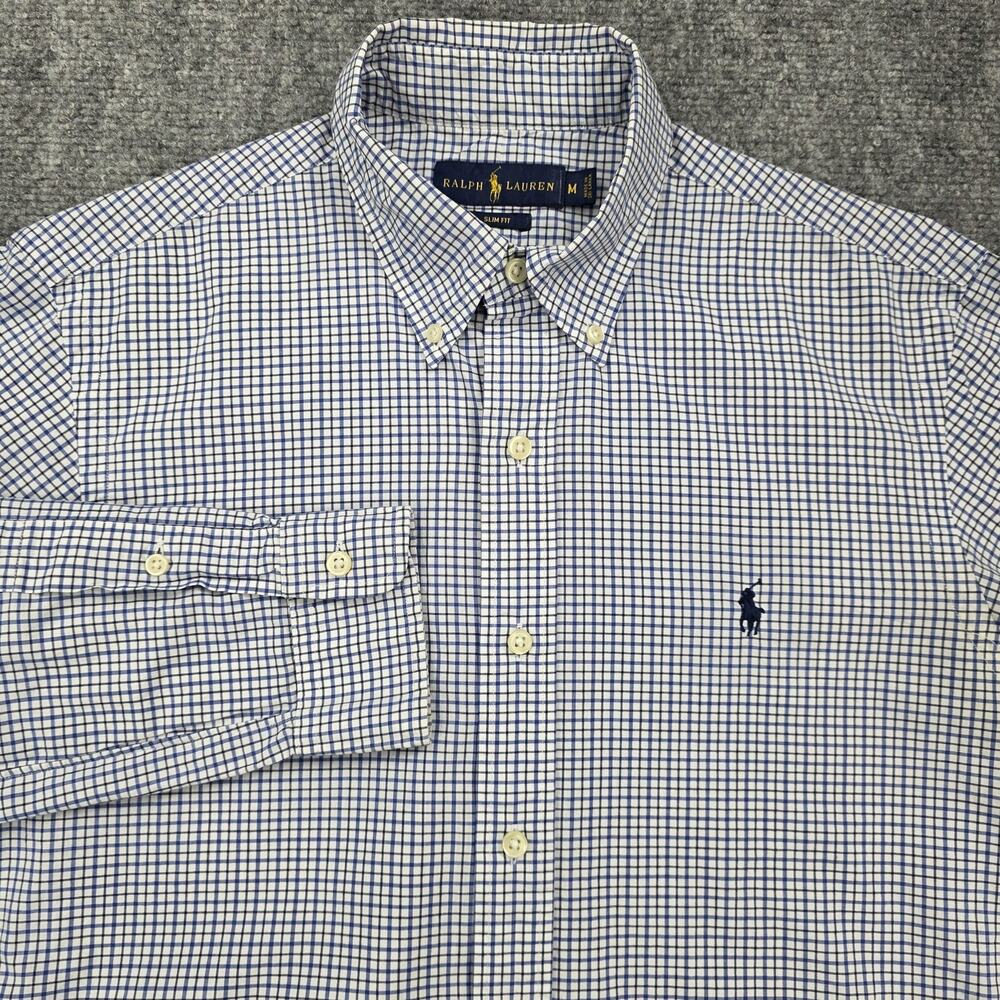 Ralph Lauren Shirt Mens Medium Blue White Check Slim Fit Button Down Cotton